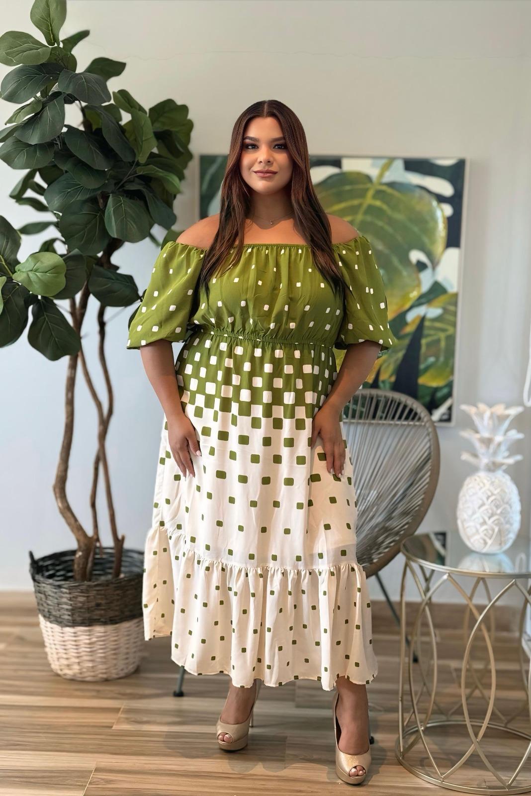 Vestido maxi off shoulder polka doys