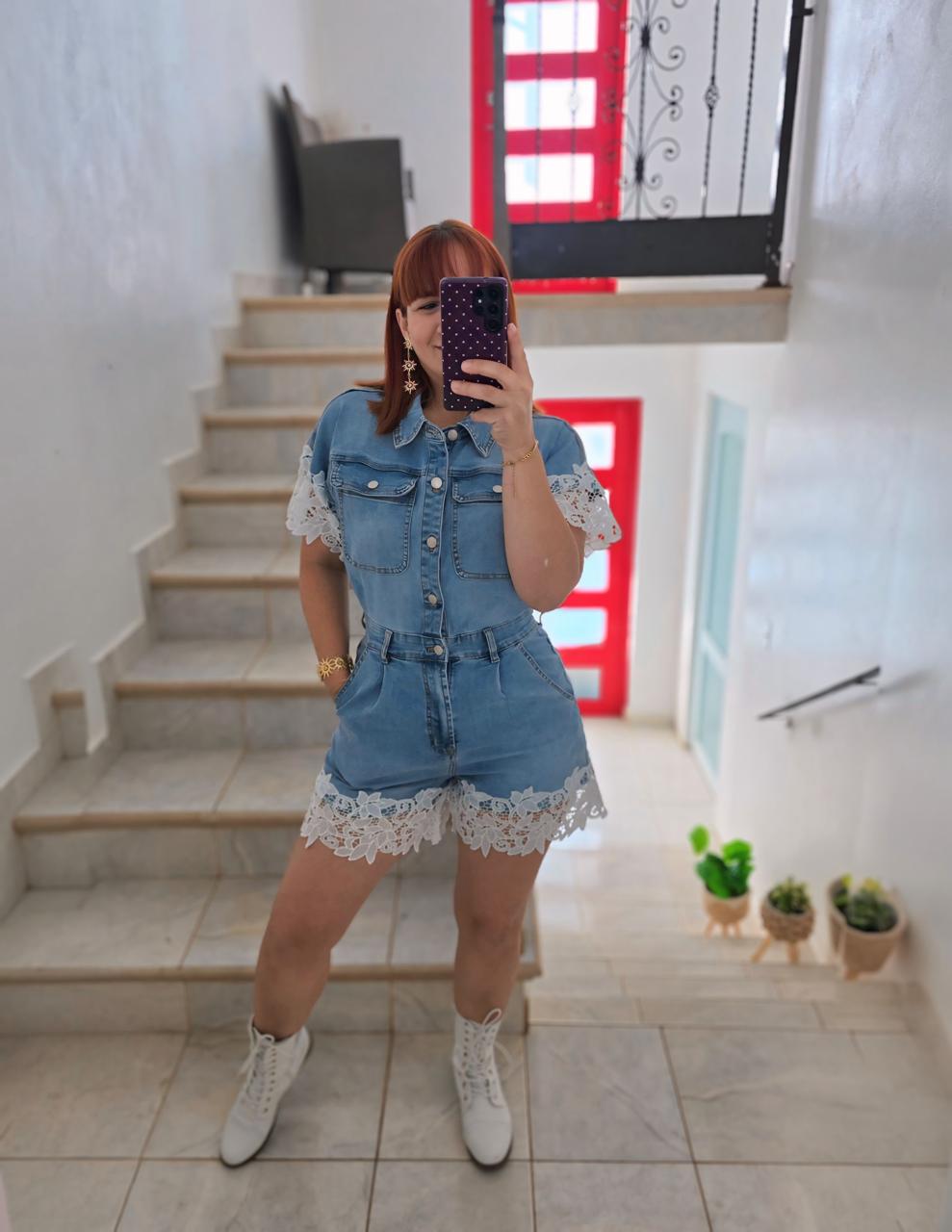 Denim&lace romper