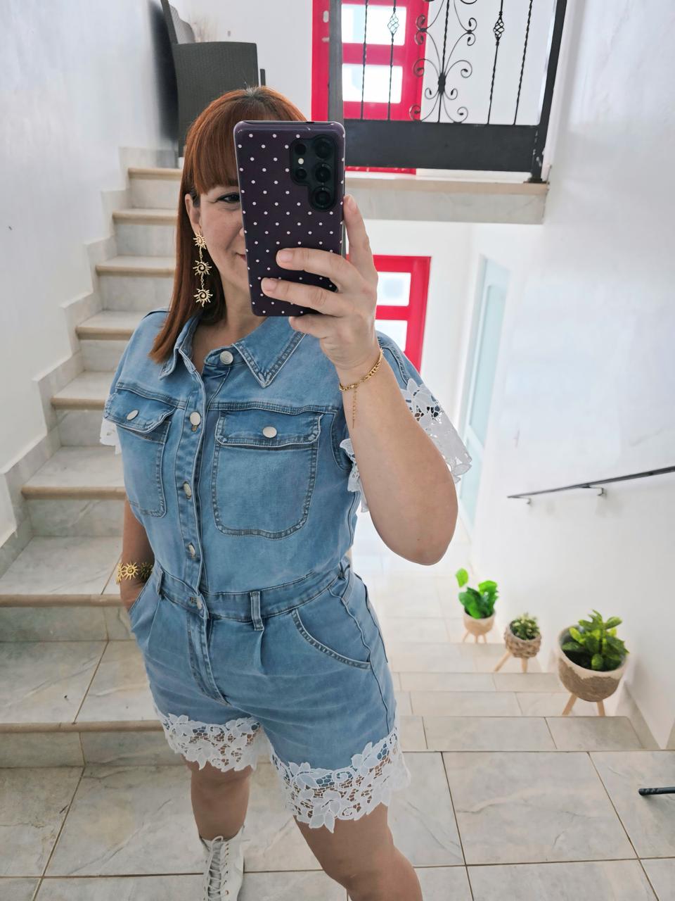 Denim&lace romper